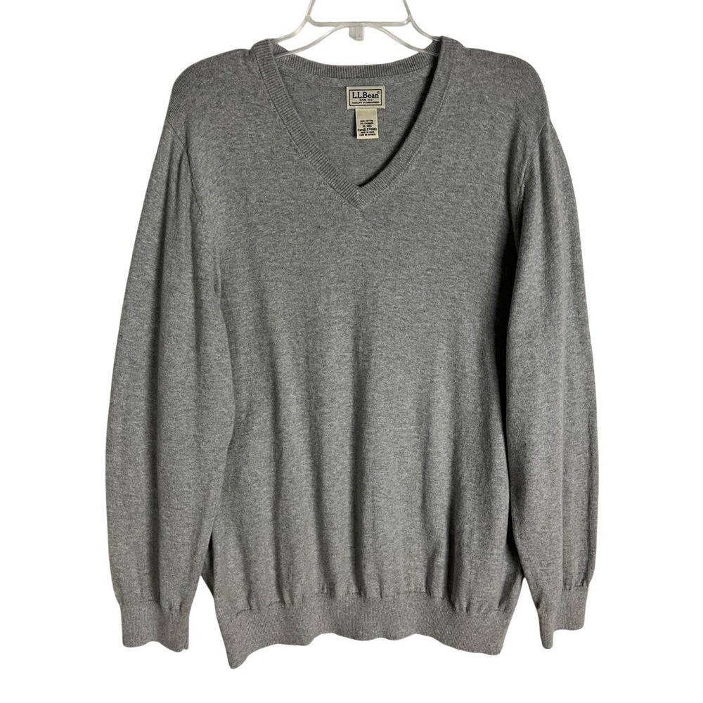 LL Bean Sweater Mens XL Gray Cotton Cashmere Blend V Neck Long Sleeve Sweater
